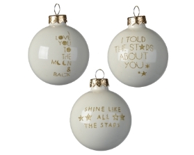 DECORATIVE GLASS BAUBLE WHITE WITH GOLD TEXT 3 DESIGNS 6CM