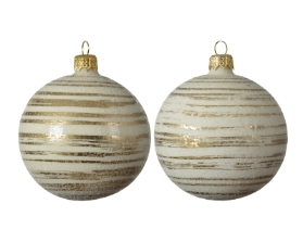 DECORATIVE GLASS BAUBLE WHITE WITH GOLD BRUSH STRIPES 8CM