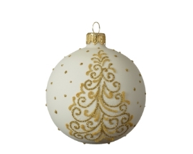 DECORATIVE GLASS BAUBLE WHITE WITH GOLD TREE DESIGN 8CM