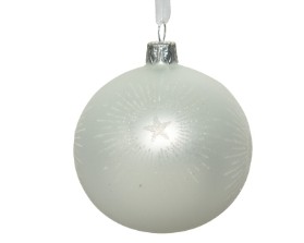 DECORATIVE GLASS BAUBLE WINTER WHITE WITH GLITTER STARBUSRT 8CM