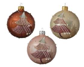 DECORATIVE GLASS BAUBLE WITH SHINY TREE DESIGN 3 COLOURS 8CM