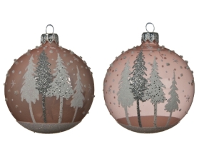 DECORATIVE GLASS BAUBLE WITH TREES BLUSH PINK 2 DESIGNS 8CM