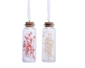 DECORATIVE HANGING GLASS BOTTLE WITH DRIED FLOWERS 2 COLOURS