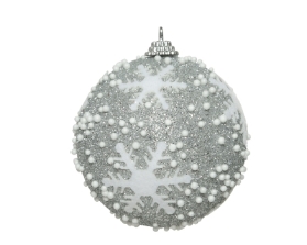 FOAM BAUBLE WITH SNOWFLAKES AND GLITTER FINISH SILVER 8CM
