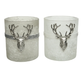 FROSTED TEALIGHT HOLDER WITH STAG HEAD 2 COLOURS