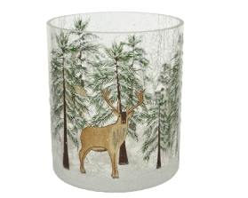 HURRICANRE GLASS WITH CRACKLE TREES AND DEER DESIGN 10CM
