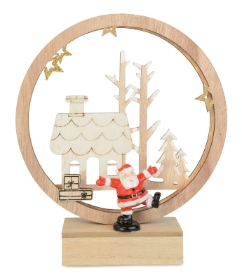 NATURAL WOOD LED RING WITH SANTA DESIGN BATTERY OPERATED 20CM