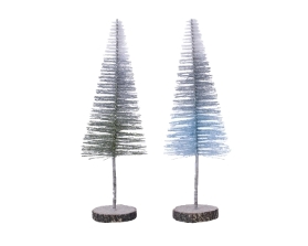 PLASTIC GLITTER TREE WITH WOODEN STAND 2 COLOURS 20CM