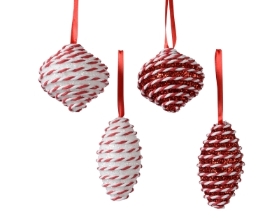 RED AND WHITE STRIPE BAUBLE 4 DESIGNS 10.5CM